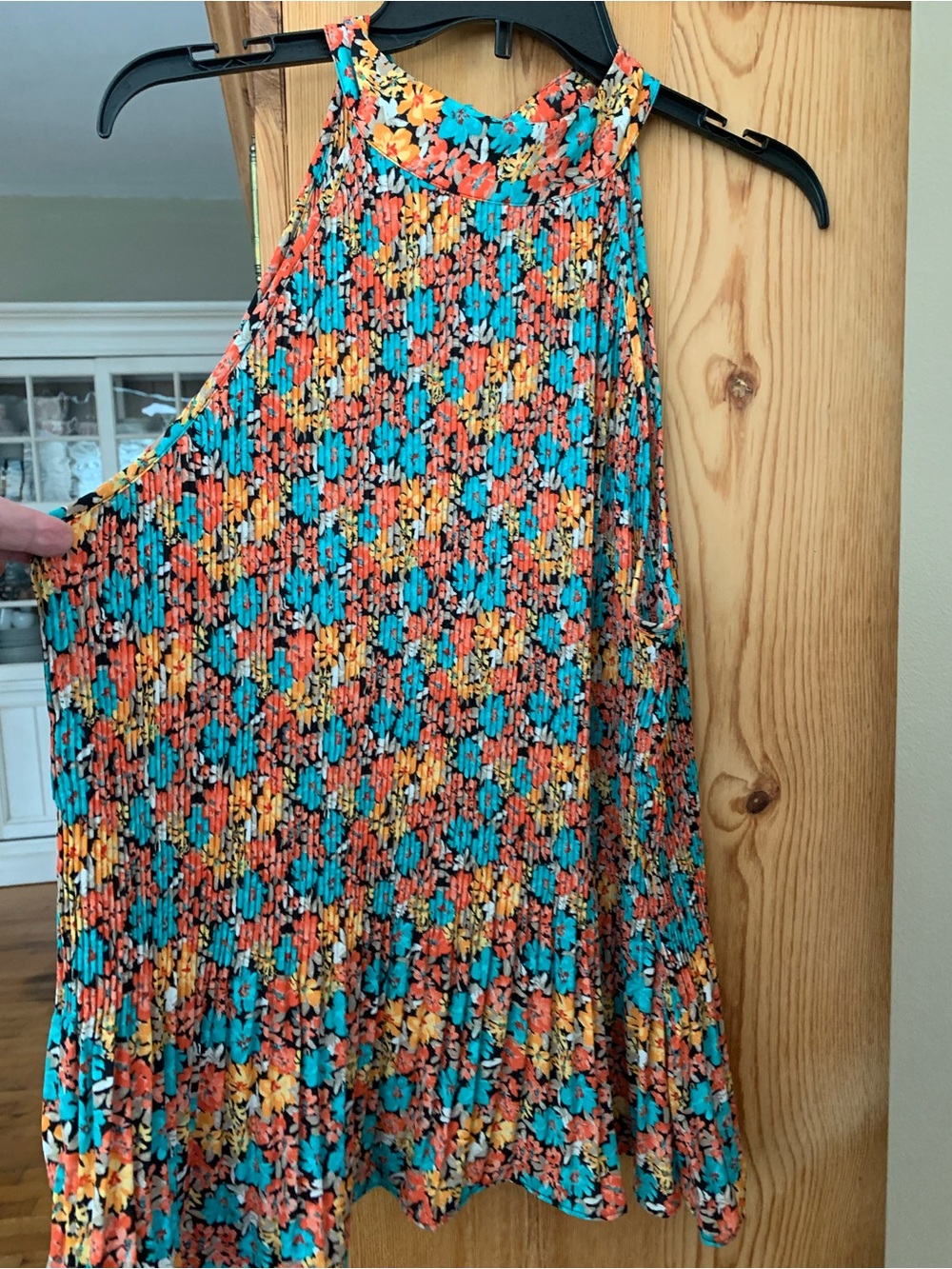 Pleione Multicolor Floral Pleated Sleeveless Blouse — Turquoise, Coral & Yellow